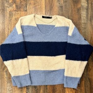 Blue and Cream Striped V-Neck Sweater
